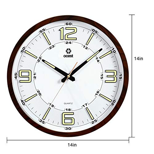 OCEST Night Light Wall Clocks, 14 Inches Silent Non-Ticking Large Display Battery Operated 12/24 Hour Quality Quartz Decorative Clock for Kitchen Bedroom Office School (Wood Grain)