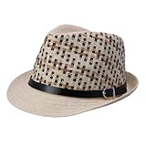 Elee Unisex Kids Straw Short Brim Trilby Fedora Cap Jazz Hat Sunhat with Leather Belt (Beige&Black)