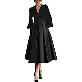 Caodip Satin Tea Length Prom Dresses for Women Long Sleeves Elegant Evening Gown A Line Wedding Guest Dress with Pockte