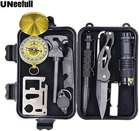 UNeefull Professional Emergency Survival Gear Kit 10 in 1 with Folding Knife, Compass, Emergency Blanket, Fire Starter, Flashlight, Whistle, Tactical Pen etc for Camping, Hiking, Climbing, Trips