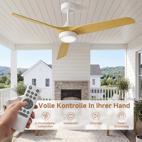 Ateroll 132 cm Ceiling Fan with Lighting and Remote Control, Ultra Quiet DC Motor, 3 Blades, 6 Speeds, 1/4/8H Timer, Dimmable LED, Summer Winter Operation for Living Room, Bedroom
