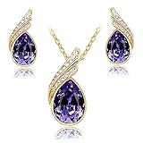 KeyZone Women Fashionable Angel Wing Crystal Pendant Necklace Earrings Set Dark Purple