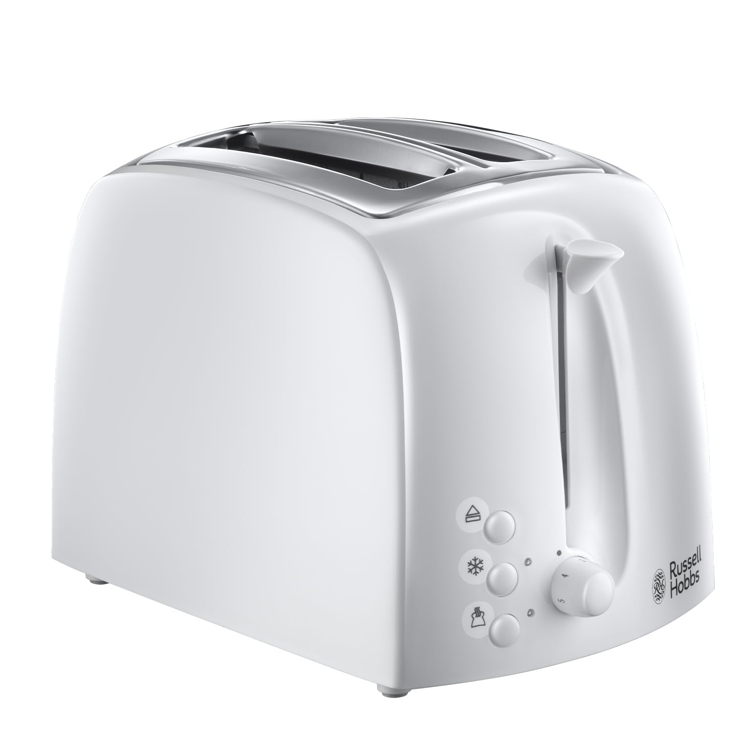 Russell Hobbs Textures 2 Slice Toaster (Extra Wide Slots, 6 Browning levels, Frozen, cancel & reheat function with indicator lights, Removable crumb tray, 850W, White matt & high gloss finish) 21640
