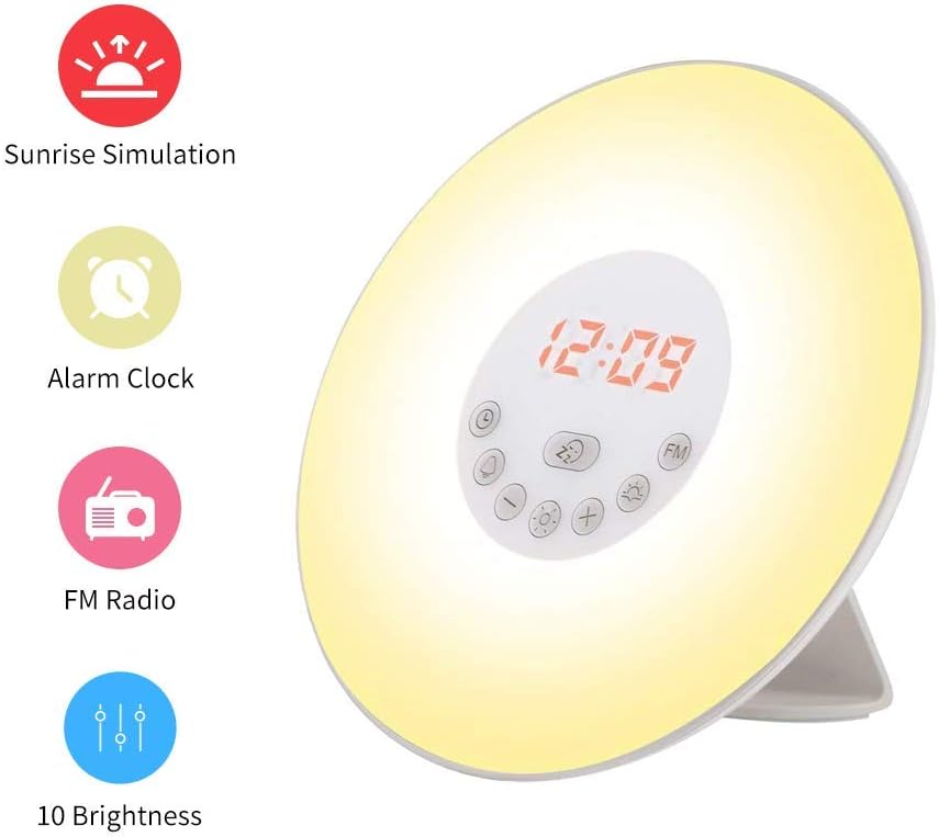 Wake Up Light, Despertador luz LED con Radio FM, 6 Sonidos Naturales, 7 Luces LED de Colores & Simulación de Amanecer / Atardecer para Casa, Dormitorio