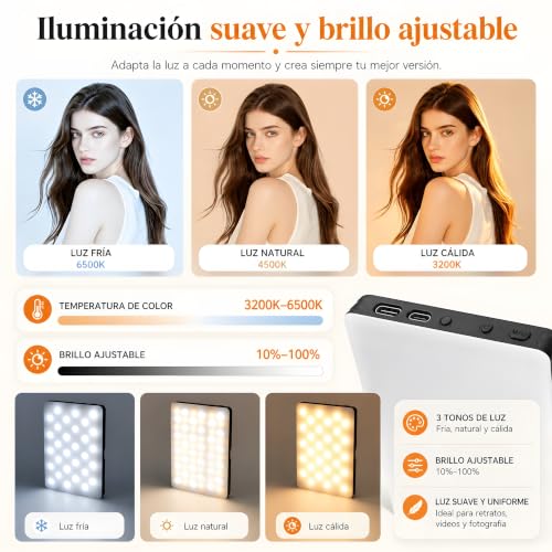 MONSTYLE Luz para Grabar Videos, 60 Led Luz para Celular con Clip | 3 Modos, 10 Niveles De Brillo, Iluminación Ajustable 2500k-9900k, CRI 95+, Selfies, Fotografía, Grabación De Vídeo