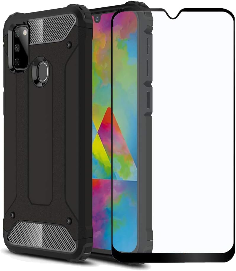 FaDream for Samsung Galaxy M30S Case, 2 in 1 Shockproof Hybrid Dual Layer Heavy Duty Protective Cover with Tempered Glass Screen Protector for Samsung Galaxy M30S (Black)