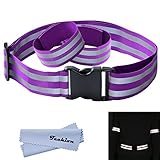 Techion Reflective Elastic Fabric Waist Belt Band with Buckle Clip and Ankle/Arm Bands (Pair) for Cycling / Biking / Walking / Jogging / Running Gear Vest and Outdoor Sports (Purple)