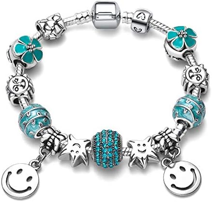 YIYIYYA Bracelet For WomenSilver Color Charm Bracelet & Bangle With Blue Crystal Ball Smile Face Charms Beads
