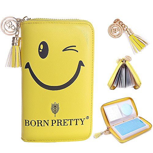 BORN PRETTY 24 Slots Nail Stamping Plate Holder Case Round Square Rectangular Nail Art Template Storage Organizer Smiling Face Print Bag Holder (Yellow)