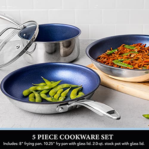 Granitestone Blue Nonstick Cookware Set, TriPly Base, Stainless Steel Pots & Pans Set, 5 Piece