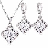 Moochi Platium Plated White Zircon Stone Embedded Brozen Necklace Earrings Jewelry Set (Flower)