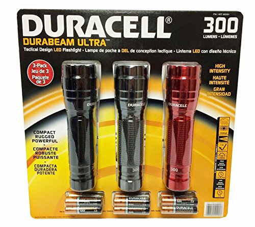 Duracell Durabeam Ultra 300 Lumens Tactical High-Intensity Compact LED Flashlight, 3-Pack