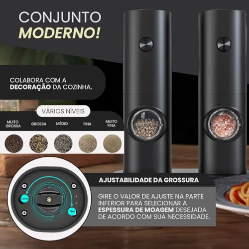 Kit 2 Moedor de Pimenta Elétrico Automático – Ajuste de Moagem, Luz LED, Recipiente Transparente para Sal, Pimenta e Temperos | Ideal para Cozinha e Churrasco Pilha Premium