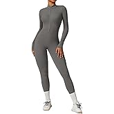 ECUPPER Women Long Sleeve Bodycon Jumpsuits Workout Zip Up Unitard One Piece Full Bodysuits Sexy Yoga Rompers Pants