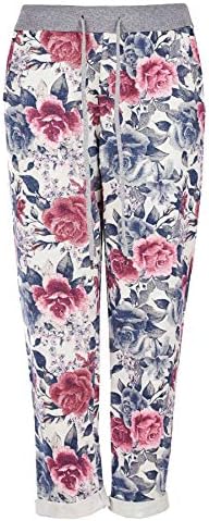 Womens Ladies Italian Floral Rose Printed Turn Up Trousers Summer Beach Trouser Pants Denim Jeans