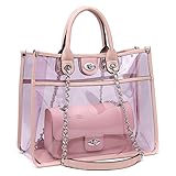 Large Clear PVC Top Handle Shoulder Bag Tote Handbag 2 Piece Set Leather Crossbody Purse Pink