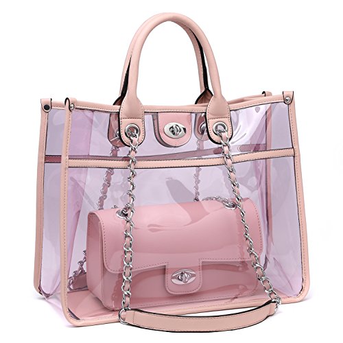 Large Clear PVC Top Handle Shoulder Bag Tote Handbag 2 Piece Set Leather Crossbody Purse Pink