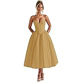 UZN Strapless Prom Dresses for Women Satin 2026 Tea Length A Line Corset Formal Evening Party Gowns