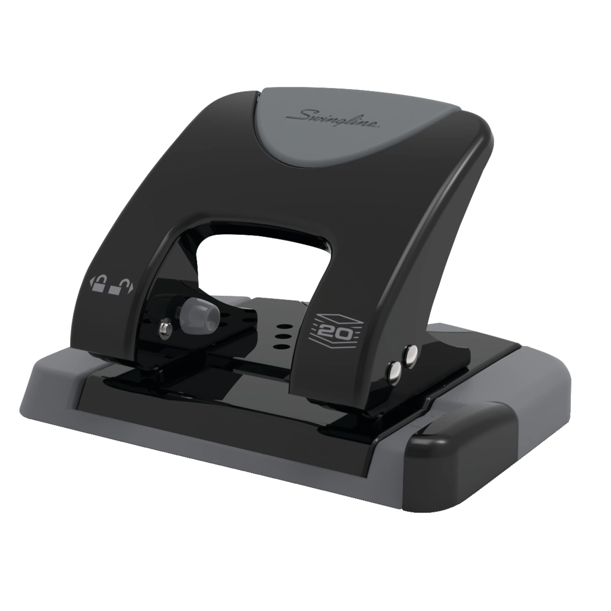 Swingline 2 Hole Punch, 20 Sheet Capacity Hole Puncher, Paper Punch, SmartTouch Low Effort Comfort Handle, Alignment Guide, Black & Gray (74135)