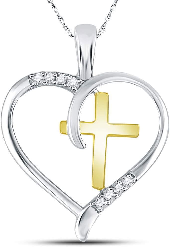 Sterling Silver Womens Round Diamond Heart & Cross Two-tone Pendant 1/20 Cttw
