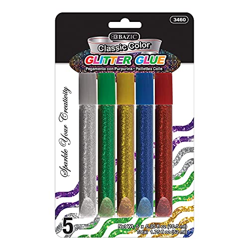 BAZIC Glitter Glue Pen 5 Primary Color, Non-Toxic Washable Glitter Glue for Slime Paints Art Crafts, Gift for Kids (52.5ml/Pack), 1-Pack