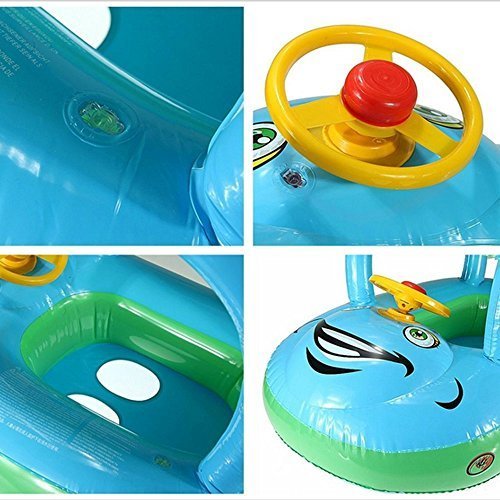 A.B Crew Cartoon Car Swim Float Seat Boat Pool Ring Seat With Sunshade & Canopy For Kids Baby Infant (Blue+Green)
