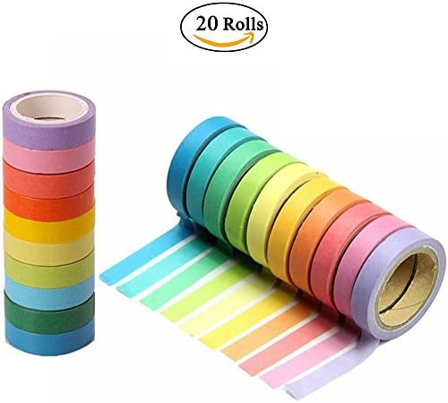 20 Rolls Washi Tape, Decorative Washi Tapes DIY Rainbow Sticker Sticky Paper Masking Adhesive Tape Scrapbooking Phone DIY Decoration Set 10 Colors 20 Rolls