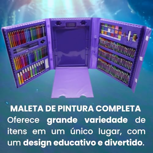 Maleta de Pintura Infantil 208 Itens Mundo Encantado da Sereia Desenho Arte Material Escolar Presente para Crianças