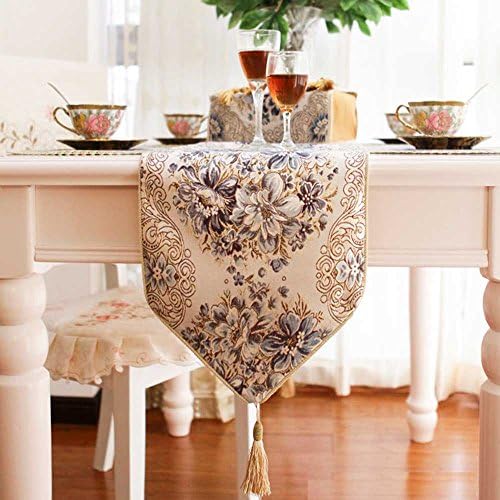 Savena Table Runner Placemat Embroidery with Cotton Polyester Linen Include Golden Silk Tassels for Home Kitchen Parties Weddings Dining Coffee Table Decoration (Embroidery (12" x 72"), Blue)