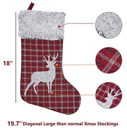 KESOL Christmas Stocking, 18 Inch Red Plaid Xmas Stocking Plush Faux Fur Cuff Stocking for Home Holiday Party Decorations Gift (Reindeer)