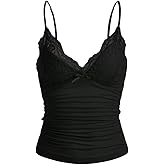 Naileksi Women Y2k Lace Trim Cami Top Spaghetti Strap Fairy Grunge Tank Top V Neck Ruched Bow Lace Patchwork Cami Shirt