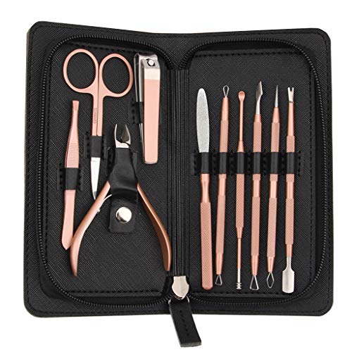 Manicure Pedicure Set Nail Clippers Travel Hygiene Kit Stainless Steel Nail Cutter Care Set Scissor Tweezer Knife Ear Pick Utility Tools Grooming Kits with Leather Case 10 in 1 (Black)