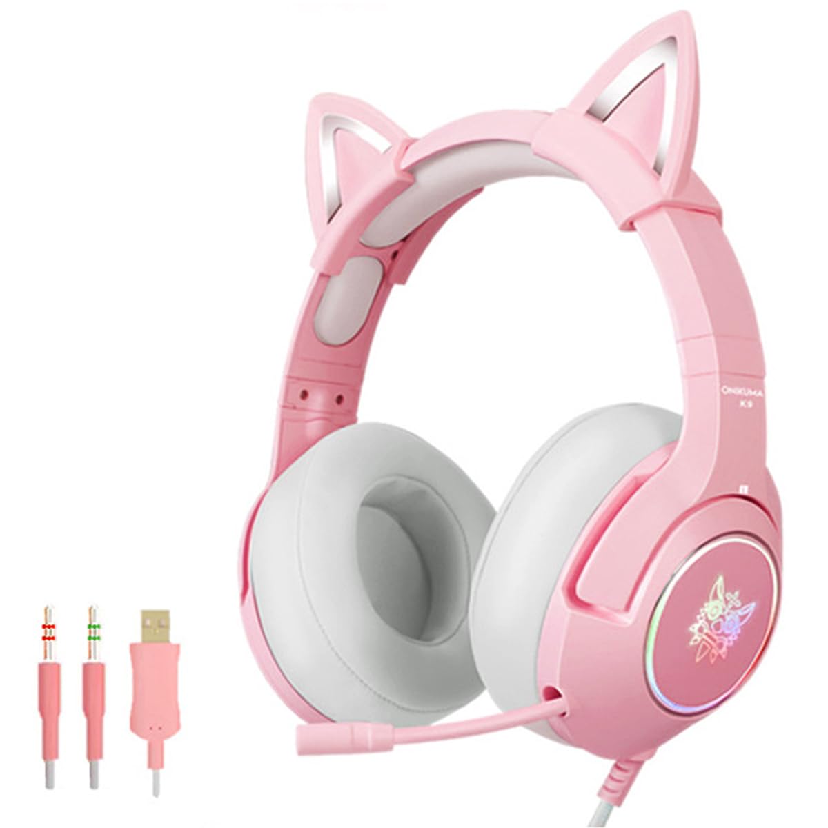 Cat Ear Headset, Pink Gaming Headset with Microphone, Detachable Cat Ears, Surround Sound and Retractable Noise Reduction Light, Suitable for All Girls’ Headsets
