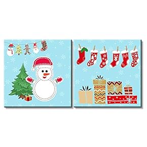 2 Panel Square Canvas Wall Art - Christmas Theme Drawings with Pine Tree Snowman and Gifts - Giclee Print Gallery Wrap Modern Home Art Ready to Hang - 12"x12" x 2 Panels