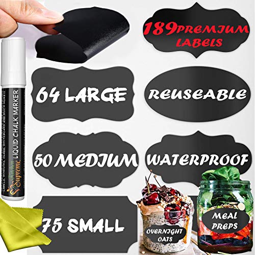 Chalkboard Labels Stickers for Storage Bins - PREMIUM 189 Sticker Bundle + Chalk Marker & Cleaning Cloth - Decorate your Bins, Container or Mason Jars in Style with Removable Tags for Kitchen & Office