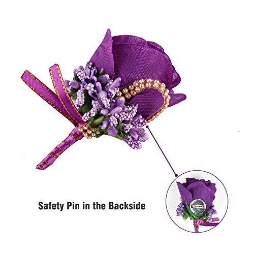 YSUCAU Rose Boutonniere Handmade Corsage Classic Artificial Groom Flowers Brooch with Pin for Wedding Prom Party (Dark Purple) - Thumbnail 3