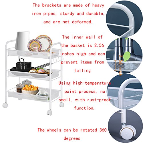 Rolling Cart 3-Tier Storage Cart Utility Cart Wire Rack Metal Mesh Shelving Trolley, GEYUEYA Home - Thumbnail 4