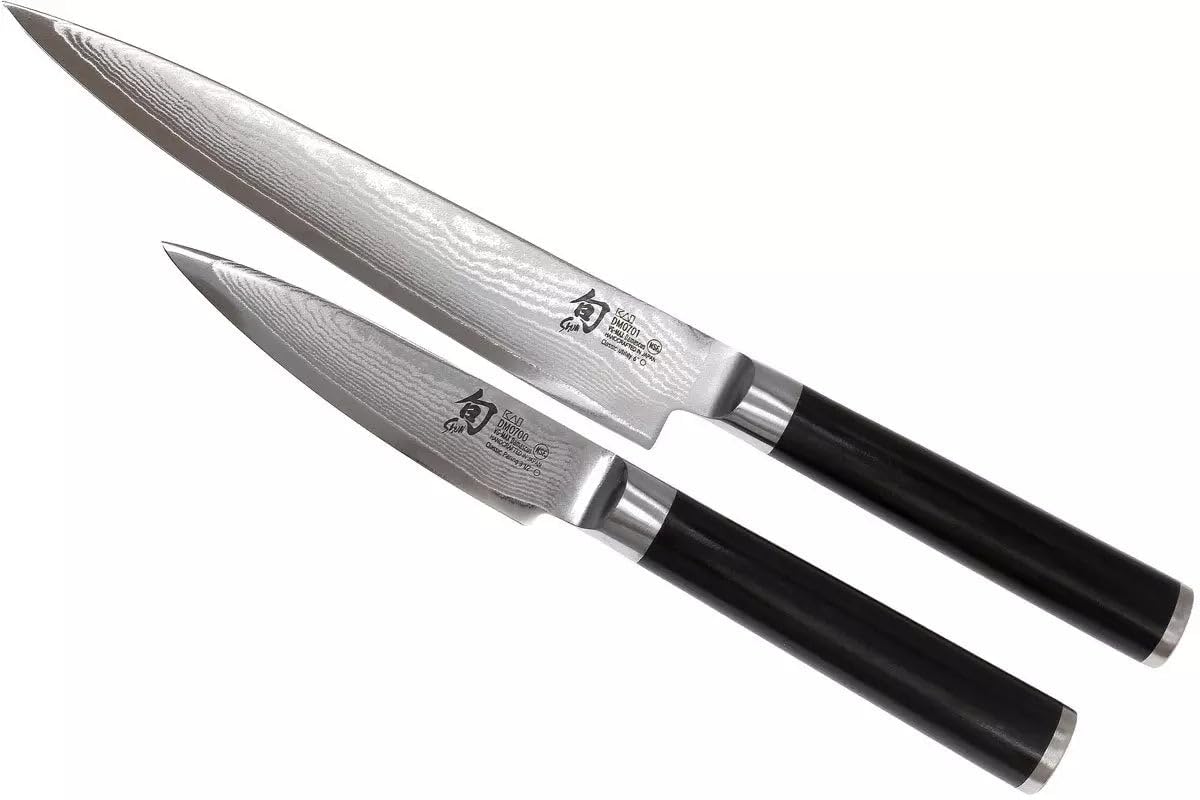 KAI Shun Classic japanisches Kochmesser 2er Set -Allzweckmesser 15 cm Klingenlänge + Officemesser 9 cm Klingenlänge - Damastmesser 32 Lagen VG MAX Kern - 61 (±1) HRC - Pakkaholz- Küchenmesser Set
