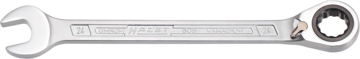 HAZET 606-24 333.1 mm 12-Point Traction Profile Ratcheting Combination Wrench - Chrome-Plated, 24 mm