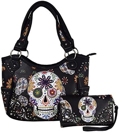 GMH Western Concealed Carry Cross Sugar Skull Art Handbag Purse Shoulder Bag Wallet 2 in 1 Set (black)