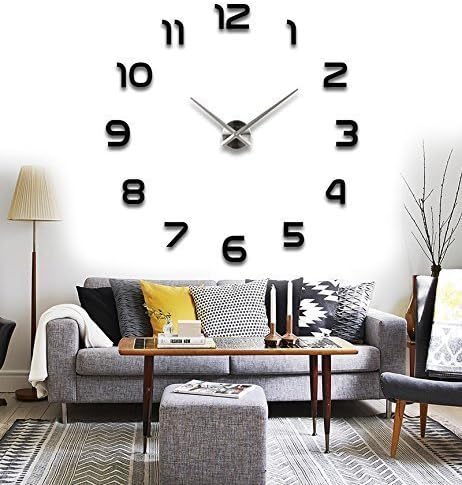 Elikeable Modern 3D Frameless Large Wall Clock Style Watches Hours DIY Room Home Decorations (Black3)