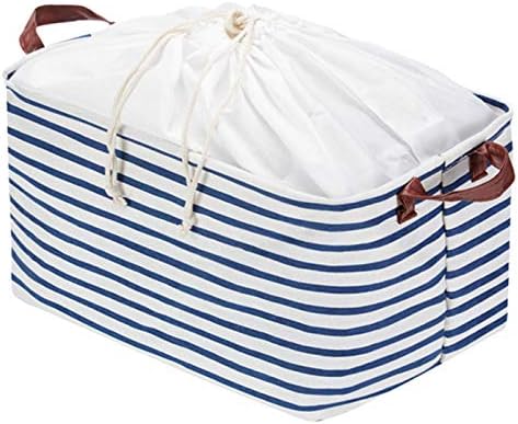 Fabric Storage Basket, Collapsible Storage Bin with Drawstring Cover and PU Handles Gift Baskets for Baby Toys, Kid Toys, Baby Clothing, Books (Transverse Stripe)