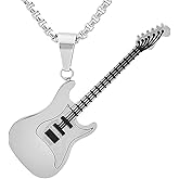 Magna Steel Men's Stainless Steel Rock Electric Guitar Bass Pendant Necklace with 24" 3mm Rolo Chain