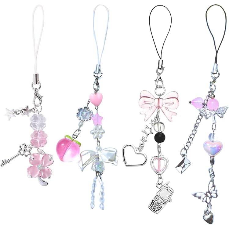Amaxiu Lot De 4 Breloques Téléphone Mignonnes - Fraise Papillon Étoile - Accessoires Décoration Coque