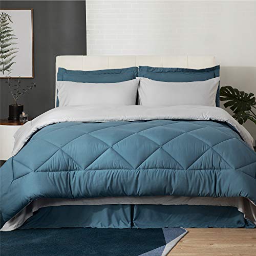 Bedsure Queen Size Bed in A Bag, Blue/Light Grey Soft Microfiber