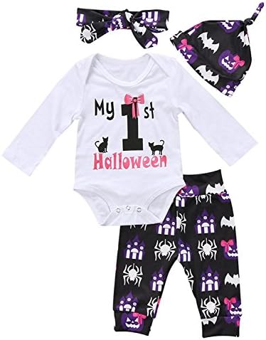 HESHENG 4Pcs Baby Girls Boys Clothes My 1st Halloween Long Sleeve Romper Pants with Hat and Headband