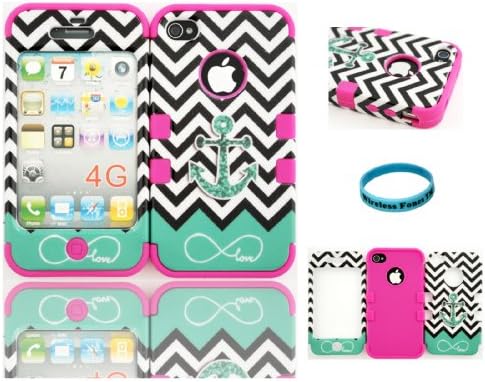 Wireless Fones TM Hybrid Cover Case for Iphone 4 4s Teal Anchor Block Chevron Infinity Love Hard Plastic Snap on Pink Silicone Gel (Wireless Fones Wristband included)