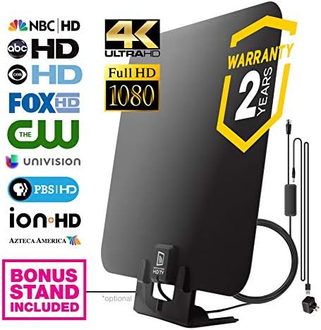 (Updated 2019) Digital HDTV Antenna, Amplified High Definition TV Antenna, 50 to 80 Mile Range Signal Amplifier for Best Reception, 11ft Coax Cable, Wall Mountable with Optional Table Stand