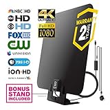 HDTV Antenna by WatchFree HDTV- Amplified Super Thin High Definition TV Antenna - 50 Mile Range with Signal Amplifier for Best Reception - 11 ft Coax Cable - Includes Free Table Stand