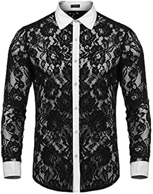 Men's Mesh See Through Fishnet Clubwear Shirts Long Sleeve Sexy Lace Undershirts